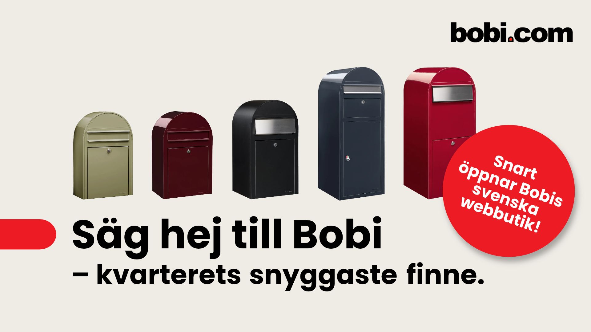 Kuvassa Bobin posti- ja pakettilaatikoita rivi sekä ruotsinkielinen mainosteksti